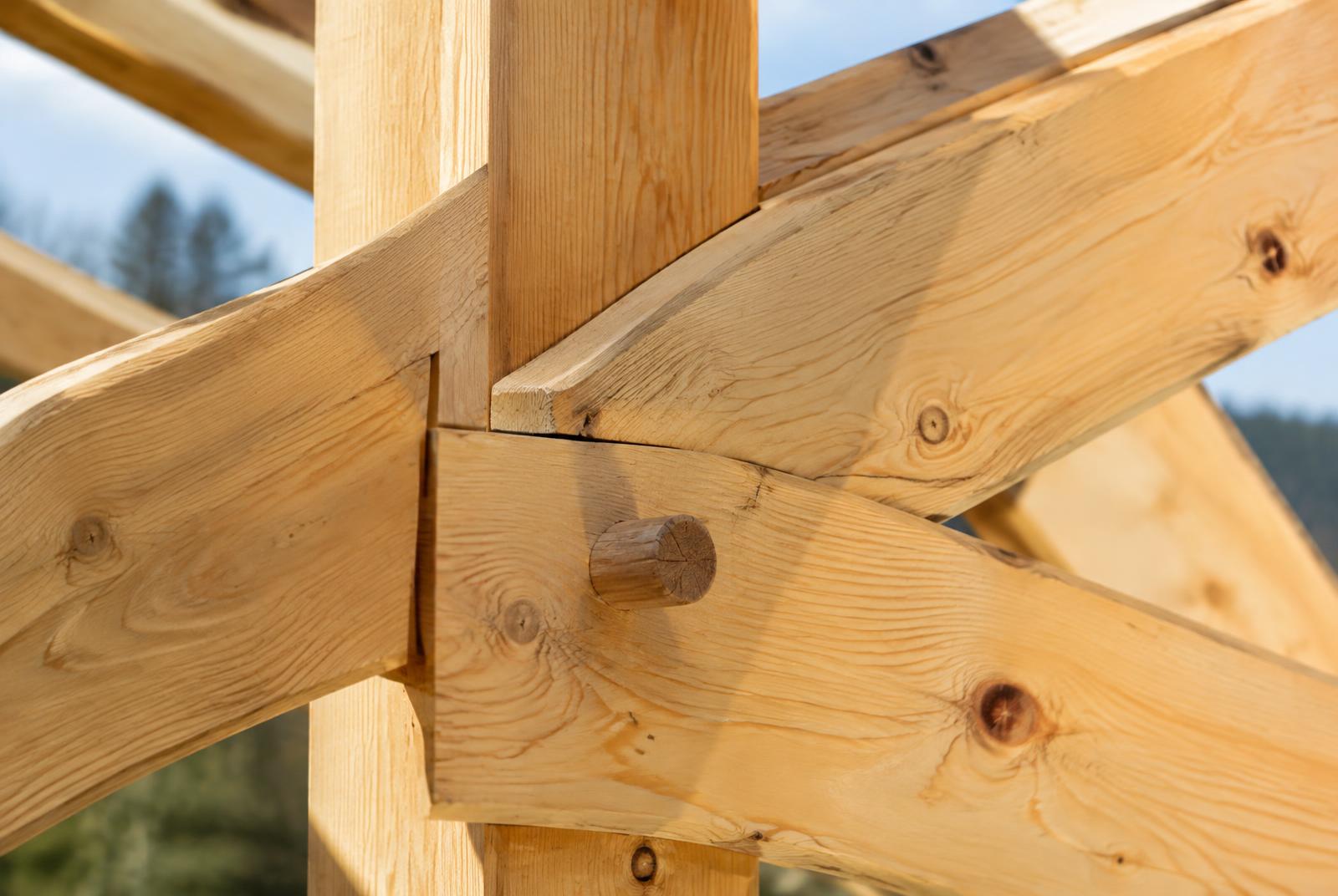 Detail einer Zapfenverbindung mit Holznagel