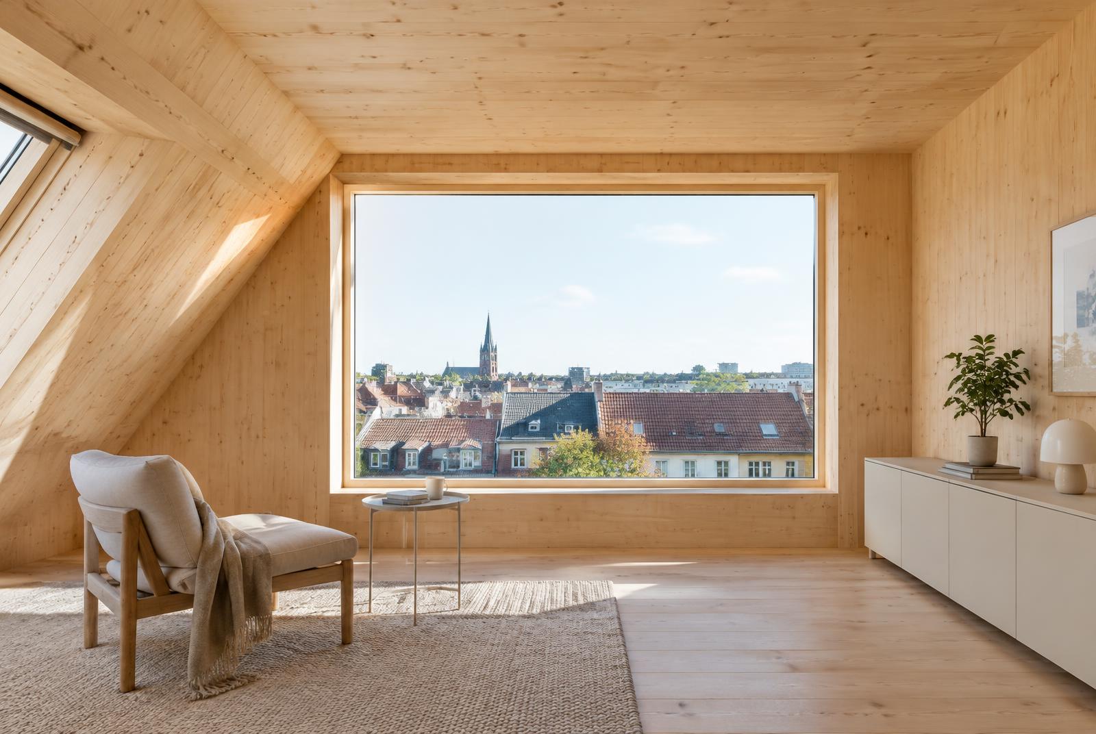 Heller Raum in der Aufstockung mit Massivholzwänden und großem Fenster