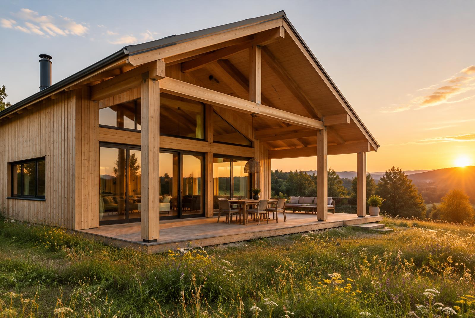 Holzhaus mit sichtbarer Pfosten-Riegel-Konstruktion und Terrasse im Abendlicht