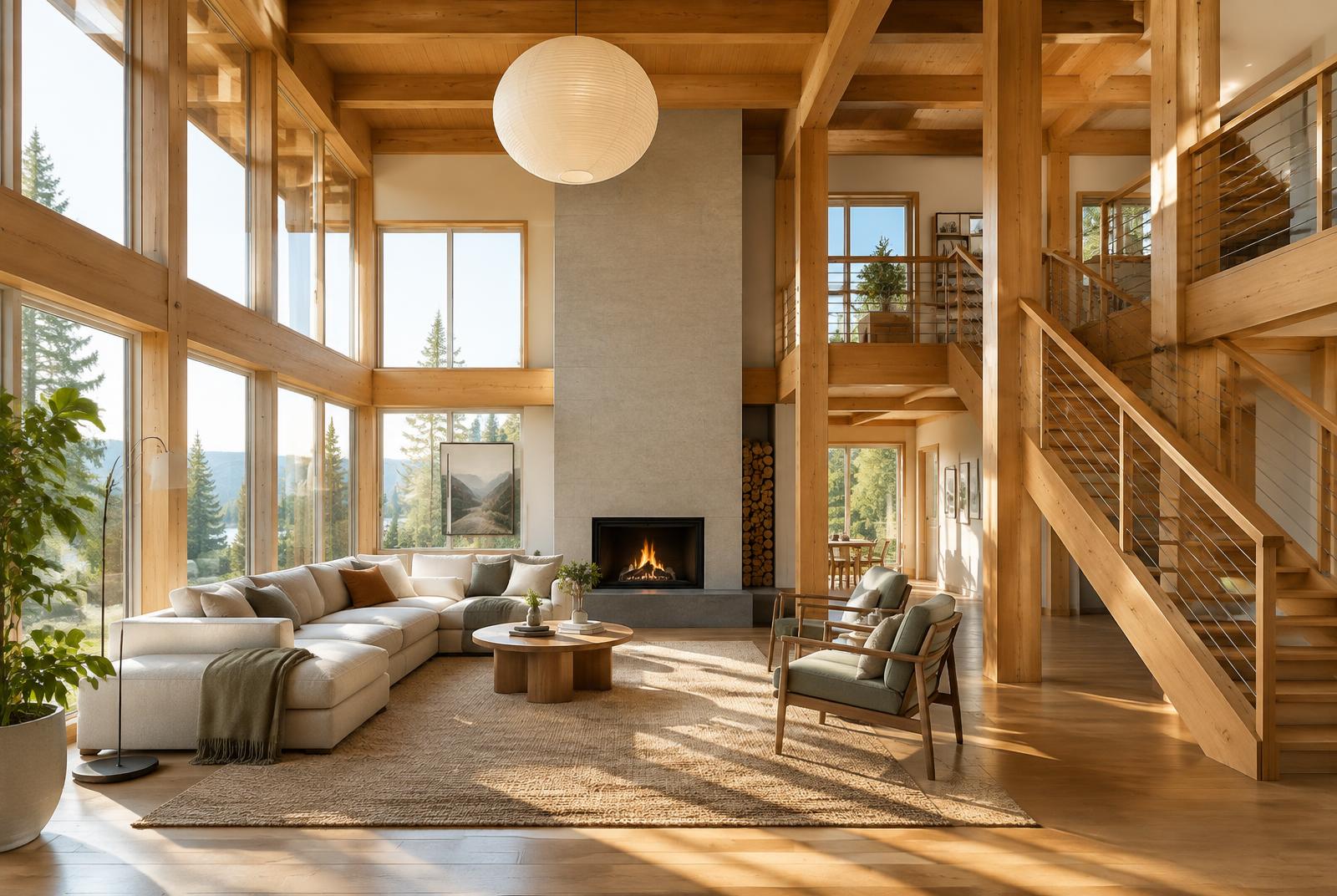 Zweigeschossiger Wohnraum mit sichtbaren Holzstützen und Holztreppe