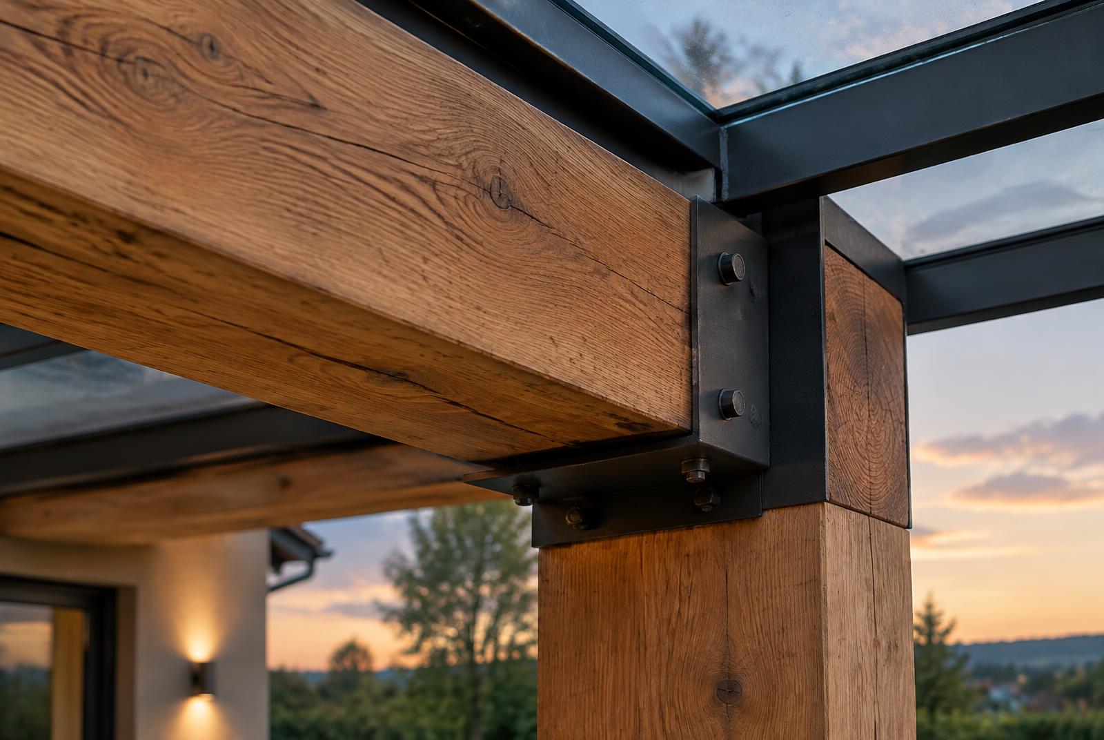 Detail eines Eichenbalkens mit schwarzem Stahlverbinder